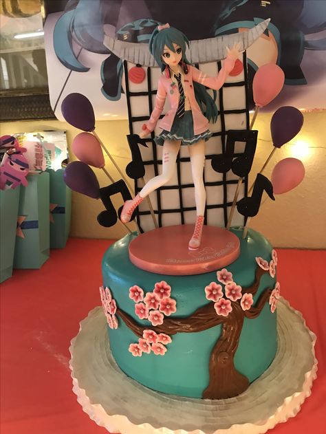 Hatsune Miku Party Ideas, Shinobu Birthday Cake, Hatsune Miku Cake Birthday, Hatsune Miku Cake, Miku Themed Room, Hatsune Miku Deco 27, Hatsune Miku Birthday, 15th Birthday Cakes, Anime Cake