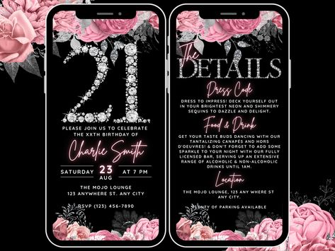 Are you ready to celebrate a milestone that sparkles as bright as a diamond? Your 21st birthday is an event to remember, and our "Diamond and Roses" digital invitation & Itinerary sets the perfect tone for a celebration filled with elegance and grace.  Product Description: 🌸 Design: Our 21st Digital Birthday Party Invitation showcases a delicate diamond-shaped number 21 that glistens with radiance. This intricate design is surrounded by a soft and dreamy backdrop of pink and silver floral roses. The combination of the diamond and roses symbolizes the beauty and grace of this special day. ✨ Elegance Meets Technology: As a digital invitation, it's the perfect way to let your friends and family know about your 21st celebration in a convenient and eco-friendly manner. Share it via your smartp 18th Birthday Invitation, Dreamy Backdrop, Itinerary Invitation, 21st Birthday Invitations, Number 16, Digital Invite, Pink And Silver, Sweet 16 Birthday, Diy Template