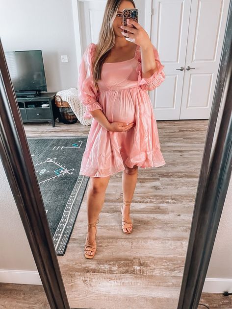 Maternity Easter Dress, Baby Shower Guest Dress, Gender Reveal Dresses For Mom, Reveal Outfits, Pink Baby Shower Dress, Spring Must Haves, Gender Reveal Outfit, Gender Reveal Dress, Pink Doll Dress