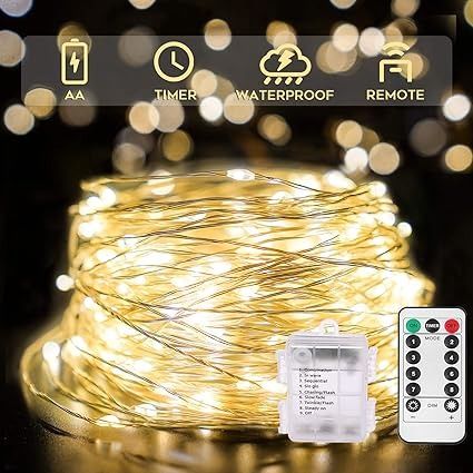 Amazon.com: SUDDUS 33ft 100 LED Outdoor String Lights, Warm White Fairy Lights Battery Operated with Remote, Led Twinkle Lights for Bedroom, Dorm, Backyard, Wedding, Tree, Mason Jar, Wall, Christmas : Home & Kitchen Patio Tapestry, Solar Lighting Ideas, Warm String Lights, Ideas For Front Yard, Backyard Lights, Copper String Lights, Fall Backyard, Warm White Fairy Lights, Wire String Lights