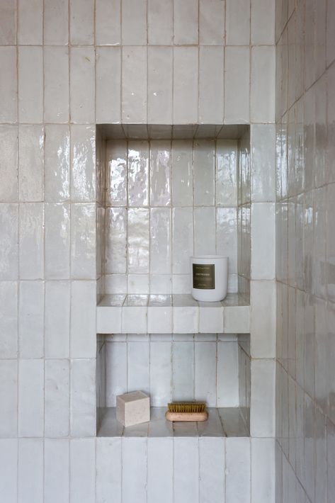 Luxury Small Master Bath, Long Tiles Bathroom, Chloe Tile Bathroom Wall, Second Bathroom Ideas Small Spaces, Tile Shower Cubbies, Shiny White Bathroom Tile, Glazed White Tile, Arizona Tile Bathroom, Pearly Bathroom Tiles