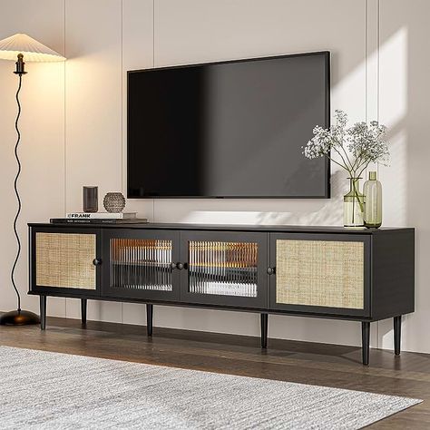 Black Tv Console, Rattan Tv Stand, 75 Inch Tv, Tv Room Decor, Rattan Doors, Wood Entertainment Center, Black Tv Stand, Tv Stand Decor, Modern Entertainment Center