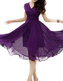 Women's Casual/Daily Simple Plus Size / Chiffon / Swing Dress,Solid V… Long Dress Plus Size, Chiffon Long Dress, Women Lace Dress, Purple Midi Dress, Chiffon Midi Dress, Short Summer Dresses, Long Sleeve Short Dress, Midi Short Sleeve Dress, Chiffon Maxi Dress