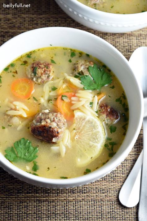 This meatball soup is hearty from the pasta and meatballs, but with a light and lemony broth. Delicious on a cold and dreary day! Pasta And Meatballs, Cold Weather Comfort Food, Lemon Orzo, Orzo Soup, Oatmeal Cake, Meatball Soup, Slow Cooker Tacos, Tortellini Soup, Soup And Stew