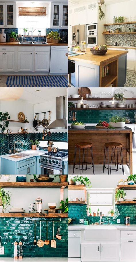 Teal White And Wood Kitchen, White Kitchen Cabinets Teal Backsplash, Teal And Brown Kitchen, Teal And Wood Kitchen, Teal Countertops, Teal Kitchen Backsplash, Teal Backsplash Kitchen, Teal Farmhouse Kitchen, Teal Kitchen Walls