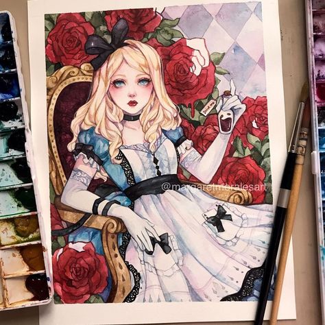 Margaret Morales on Instagram: ““Alice and Roses” my latest piece for our @badappleartists auction today, Oct 28 at 5pm EST! 🌹 My version of dark Alice for our ‘Tim Burton…”