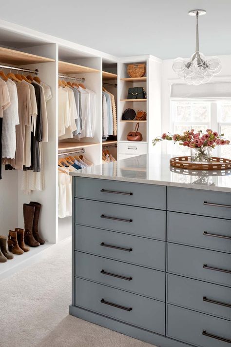 Walnut Hill Project by Laura Hodges Studio | 1stDibs Modern Storage Room, Bubbles Chandelier, Closet Chandelier, Gray Closet, Transitional Closet, Mid Century Modern Storage, Taupe Kitchen, Gray Island, Closet Island