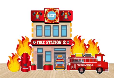 Let's get this party started with this personalized, super adorable, oversized Fire Station themed design.  Dimensions: Fire Station: 4ft wide x 6ft tall  Firetruck: 4ft wide Flames: 2ft tall  Fire hydrant: 2ft tall Designs are: 1) Shipped to you as pre-cut, ready to party designs  2) Printed on 4mm coroplast 3) Made for indoor use with easel stands (not included)  4) Printed on one side 5) Sticks to any wall with double stick tape 6) Printed at the time of purchase, so sorry, no refunds Firefighter Baby Showers, Firefighter Baby, Fireman Party, Indoor Party, Boys Birthday Party, Dramatic Play Preschool, Badge Template, Firetruck Birthday, Fire Fighter