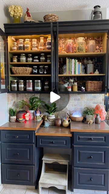 Step into my enchanted apothecary transformation! Witness how I've turned my china cabinet into a sacred space for herbal medicine, infusing it with magic and intention. Let this journey inspire you to create your own sacred sanctuary, where the power of nature's remedies can flourish. 🌿✨ #Apothecary #HerbalMedicine #SacredSpace #Transformation Wall Apothecary Cabinet, Herbal Medicine Cabinet Aesthetic, Basement Apothecary, Apothecary Decor Ideas, Apothecary Garden, Apothecary Storage, Apothecary Kitchen, Apothecary Decor, Apothecary Cabinet