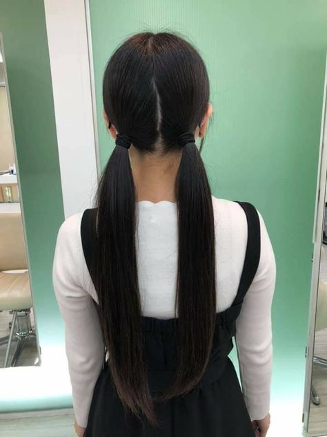 Pigtails Black Hair, Cute Low Pigtails, Pigtails Low, Black Hair Pigtails, Short Hair Veil, Hair In Your 40s, Tricky Costume, Easy Korean Hairstyles, Low Pigtail Hairstyles