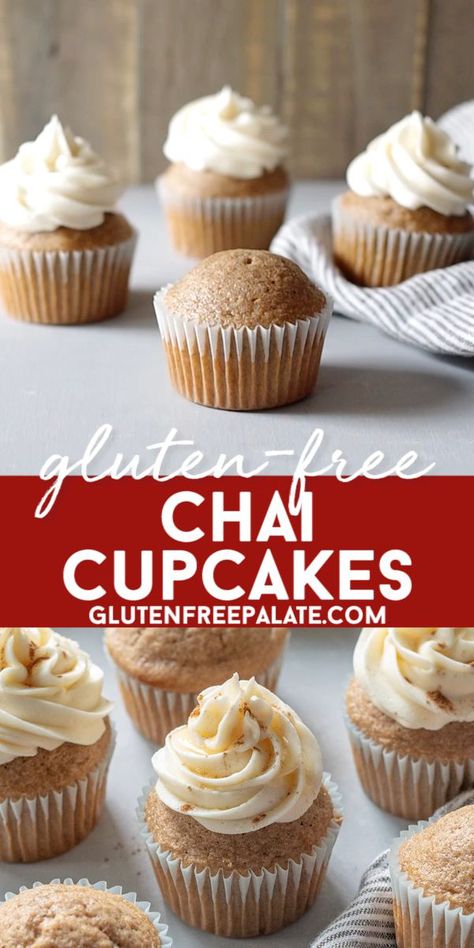 Gourmet Gluten Free Desserts, Fluffy Gluten Free Cupcakes, Gluten Free Chai Cupcakes, Gf Cupcake Recipe, Gf Cupcakes, Gluten Free Cupcake, Spiced Cupcakes, Chai Cupcakes, Surprise Cupcakes