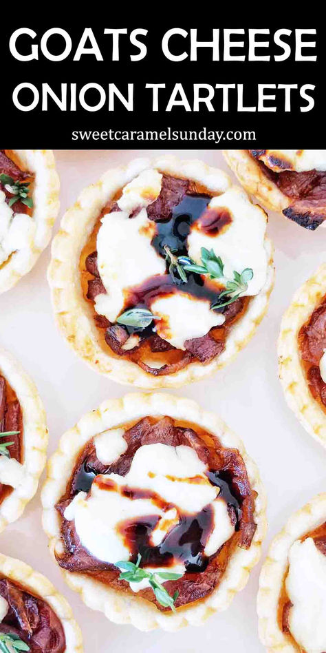 Tartlets with goat cheese and caramelised onions on white background. There is text written at the top of the image.