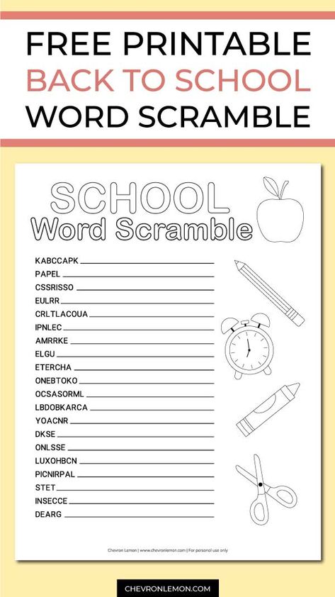 You can grab this free school-themed word scramble for kids on my blog. Just download the printable PDF, and print at home. There are 20 words for kids to unscramble (answer key is included!), and different objects to color. Perfect back to school activity for kids, and a great way to practice spelling and vocabulary! #printablewordscramble #wordscrambleschool #freeprintablewordscramble #printableschoolactivity Back To School Word Search Free, English Puzzles, Jumbled Words, Unscramble Words, Back To School Worksheets, Scramble Words, Weather Words, Rules Poster, Printable Games For Kids