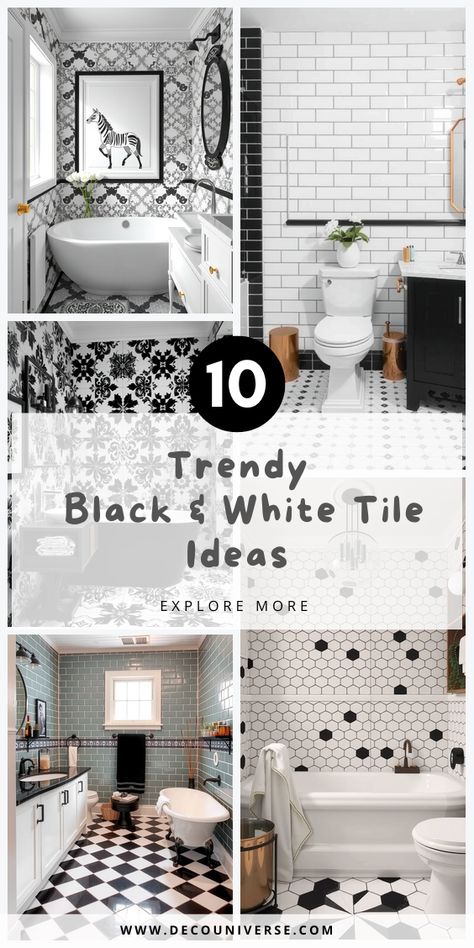 Refresh your bathroom with unique black and white tile designs. These ideas will help you achieve a fresh and modern vibe in your space. (Pin for later when you renovate!) Black And White Master Bath, White Tile Bathroom Ideas, Black And White Marble Bathroom, Black And White Tile Bathroom, White Tile Bathroom, Tile Bathroom Ideas, Black And White Tiles Bathroom, Black And White Tile, Bathroom Tile Inspiration