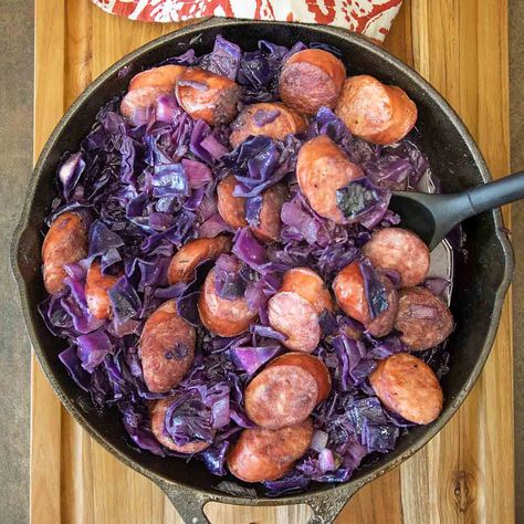 Kielbasa and Cabbage Red Cabbage And Kielbasa, Red Cabbage And Sausage Recipes, Cabbage Kielbasa, Healthy Cabbage, Kielbasa And Cabbage, Pork Mushroom, Red Cabbage Recipes, Kielbasa Recipes, Cabbage And Sausage