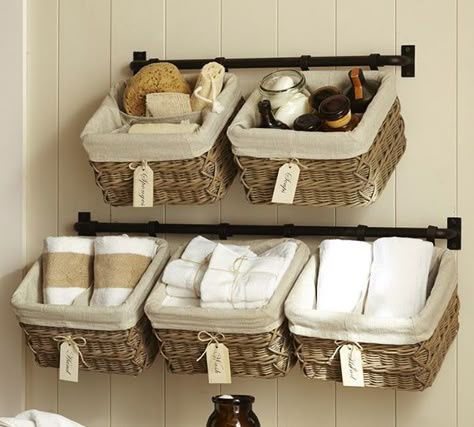 LAUNDRY:  Pottery Barn Hanging Wall Baskets - Learning to Love my {Small} Laundry Room (or construct some yourself on the cheap) Bathroom Towel Storage Ideas, Bathroom Towel Storage, Small Laundry Room, Small Bathroom Storage, Small Laundry, Towel Storage, Decor Baie, Salon Ideas, Bathroom Shelves