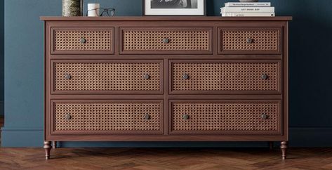 Dark Rattan Furniture, Dark Wood Chest Of Drawers, Rattan Chest Of Drawers, Cherry Wood Bedroom Furniture, Traditional Chest Of Drawers, Cherry Wood Bedroom, Dark Wood Dresser, Sage Living Room, Rattan Drawers