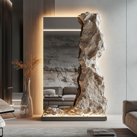 The mirror is carved right out of stone ✨🖤 by @studio.ssou Looks like a portal to another reality 😱 . . . . . . . . . . . . . . . #stoneart #artai #luxury #reels #reelsinstagram #explore #explorepage #reelsvideo #trendingreels #luxurylifestyle #architecture #interiordesign #inspiration #moderndesign #home #homedecor #peaceful #interiores #bedroom #livingroom #kitchen #milionairemindset #millionaire #canada #carslovers #lakehouse #aiart Stone Furniture Design, Rock Mirror, Modern Mirror Design, Old Style House, Bridal Boutique Interior, Outdoor Restaurant Patio, Brick Wall Decor, Spa Interior Design, Stone Wall Design