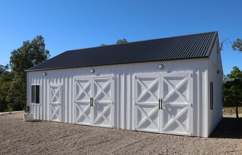 An All-White Barn to Inspire Your Country Lifestyle Dream | Cedarspan Colorbond Cladding, Board And Batten Cladding, Colorbond Roof, Board Batten, Rural Lifestyle, Garden Estate, Barn Style Doors, Three Car Garage, House Shed