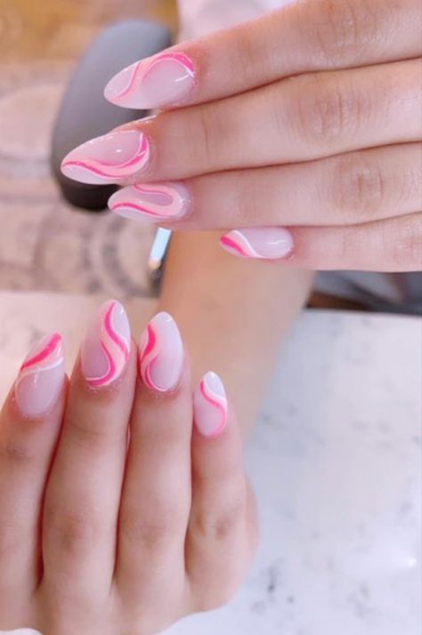 Pink Swirly Nails, Squiggly Nails, Simple Gel Nail Designs, Pink Swirl Nails, Pink Tip Nails, Swirl Nails, Light Pink Nails, Abstract Nail Art, Simple Gel Nails