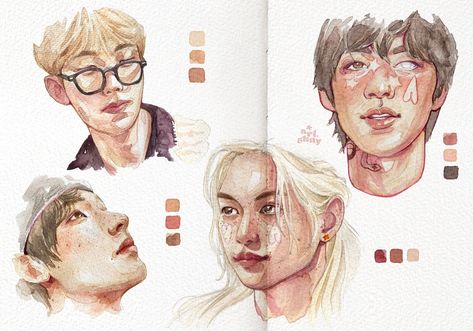 Gouache And Colored Pencil, Kpop Sketchbook, Art Core, Potrait Painting, Gouache And Watercolor, Watercolor Face, Watercolor Gouache, Dpr Ian, Sketchbook Inspo