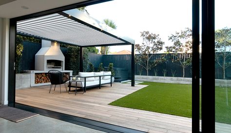 Outdoor ambience in Westmere | Zones Covered Bbq Area Ideas Outdoor, Covered Bbq, Garden Ideas Nz, Outdoor Roof, Bbq Garden, Pool Gazebo, Fireplace Patio, Contemporary Deck, Modern Gazebo