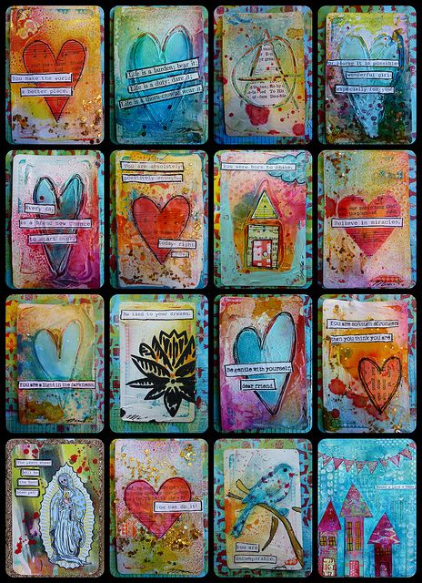 Recycled card set ~ free tutorial by artist Nicole Maki; mixed media gesso & collage . . . . ღTrish W ~ http://www.pinterest.com/trishw/ . . . . #art #journal Cards Tutorial, Journal D'art, Art Trading Cards, Art Carte, Atc Cards, Pocket Letters, Card Tutorial, Mixed Media Projects, Mixed Media Art Journaling