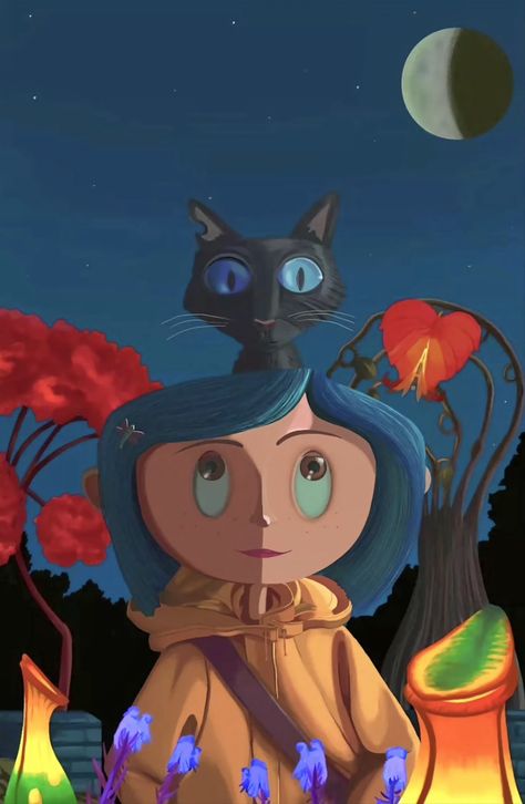 Coraline And Cat, Caroline Wallpaper, October Wallpapers, Coraline Cat, Coraline Wallpaper, Coraline Art, Coraline Movie, Coraline Aesthetic, Halloween Wallpaper Iphone Backgrounds