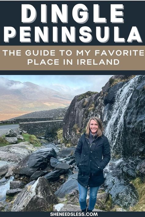 woman at waterfall at conor pass in Ireland with text overlay that reads: dingle peninsula the guide to my favorite place in ireland Dingle Ireland Photography, Dingle Way Ireland Hiking, Ireland Travel Itinerary, Ireland At Christmas, South Ireland, Ireland In August, Ireland Dingle, Europe Travel Itinerary, European Beaches