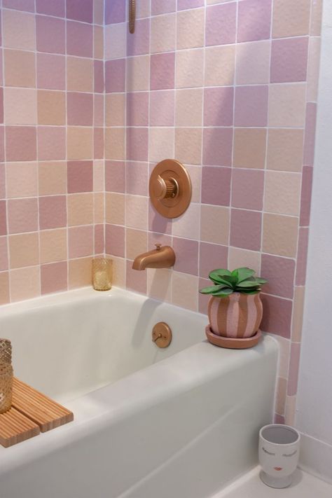 Get the zellige tile look for way less with this DIY painted shower tile project. Painting Tile Backsplash, Painting Over Tiles, Painted Shower Tile, Diy Tile Shower, Bathroom Tile Diy, Painting Bathroom Tiles, Tiles Diy, Paint Backsplash, Tile Backsplash Bathroom