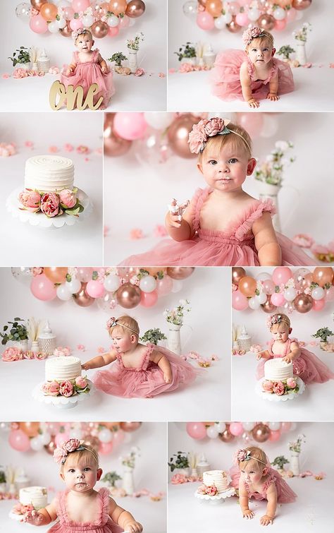 Floral Boho Girl Rose Gold Cake Smash Smash Cake Floral, Princess Theme Cake Smash, Cake Smash Photos Theme, Rose Cake Smash, First Birthday Theme Photoshoot, Smash Cake Girl Photoshop, Rose Gold 1st Birthday Cake, One Year Old Flower Photoshoot, Baby Girl Photoshooting Cake Smash