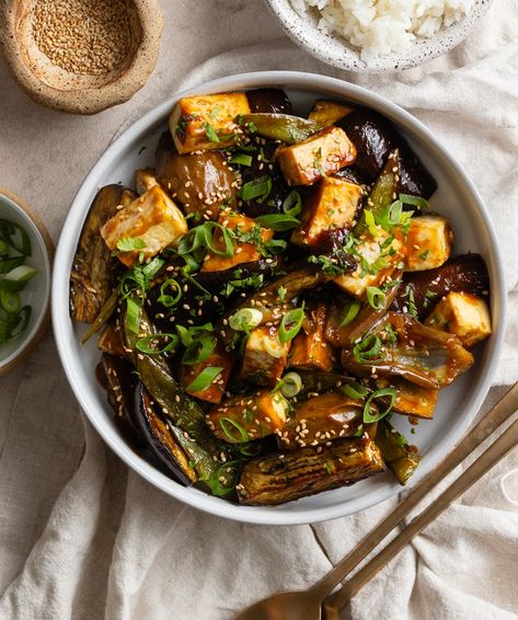 Sheet Pan Baked Eggplant & Tofu with Miso Soy Glaze Eggplant Tofu Recipe, Eggplant Tofu, Firm Tofu Recipes, Miso Eggplant, Healthy Sheet Pan, Thai Eggplant, Soy Glaze, Miso Recipe, Healthy Pasta Dishes