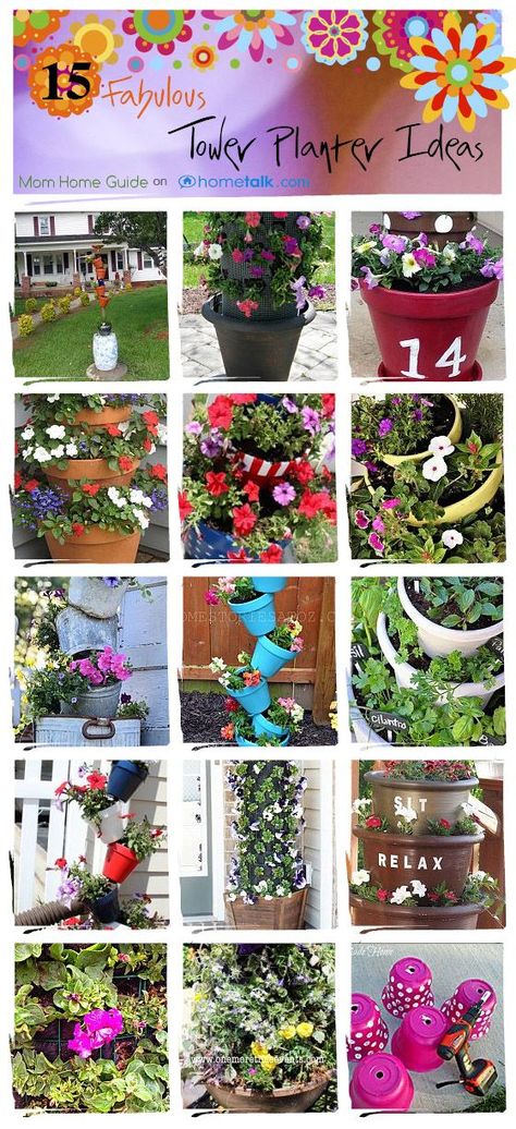 flowertower - a whole bunch of tipsy pot / topsy turvy tower planter ideas at Hometalk.com Stacked Planters, Tower Planter, Plants In Pots, Tiered Planter, Planter Diy, Flower Tower, Garden Fun, Tower Garden, Planter Ideas