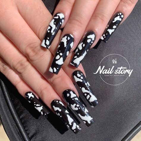 Nails Cow Print, Nail Story, White Cow Print, Cow Nails, Tapered Square, Chino Hills, Colored Acrylic, White Cow, Nails Designs