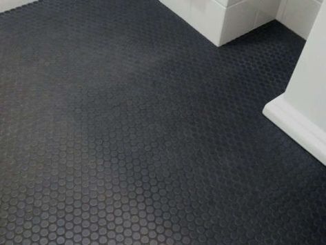 Ann Sacks Savoy Penny Mosaics Black Penny Tile Floor, Black Tile Grout, Penny Tiles Bathroom Floor, Black Penny Tile, Penny Round Tile Bathroom, Penny Tile Floor, Penny Tile Bathroom Floor, Penny Tiles Bathroom, Penny Tiles