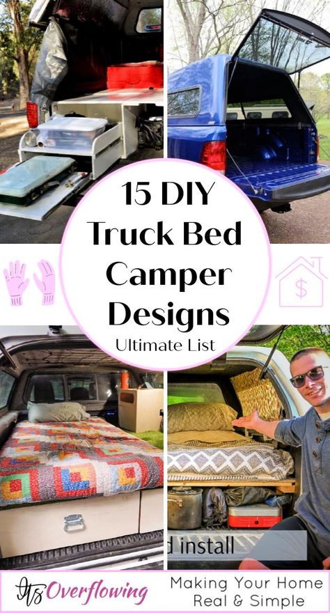 Inexpensive DIY Truck Camper Camping In Back Of Truck, Truck Camper Shell Camping, Truck Bed Conversion, Truck Conversion Campers, Toyota Tacoma Camping Truck Bed, Camper Shell Camping Truck Bed, Camper Truck Ideas, Truck Bed Camper Build, Truck Bed Camping Diy