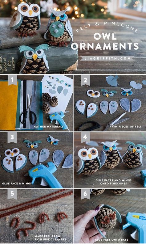 Bau dir deine Eulenfamilie selbst! Heißklebepistole, Tannenzapfen, Pfeifenputzer und Filz, mehr brauchst du nicht. Oppgaver For Barn, Pinecone Owls, Juleverksted For Barn, Diy Jul, Cones Crafts, Owl Ornament, Owl Crafts, Snow Flakes, Pine Cone Crafts