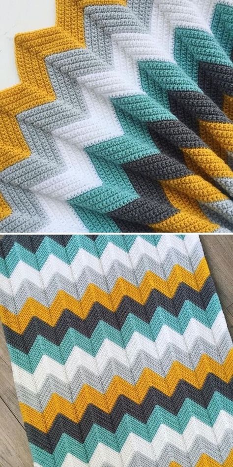 Crocheted Chevron Blanket Pattern, Yellow Grey And White Crochet Blanket, Chevron Stitch Crochet Pattern, Grey And Yellow Crochet Blanket, 6 Color Crochet Blanket, Free Chevron Crochet Pattern Blanket, Knitted Blanket Color Ideas, Crochet Zigzag Blanket, Yellow And Grey Crochet Blanket