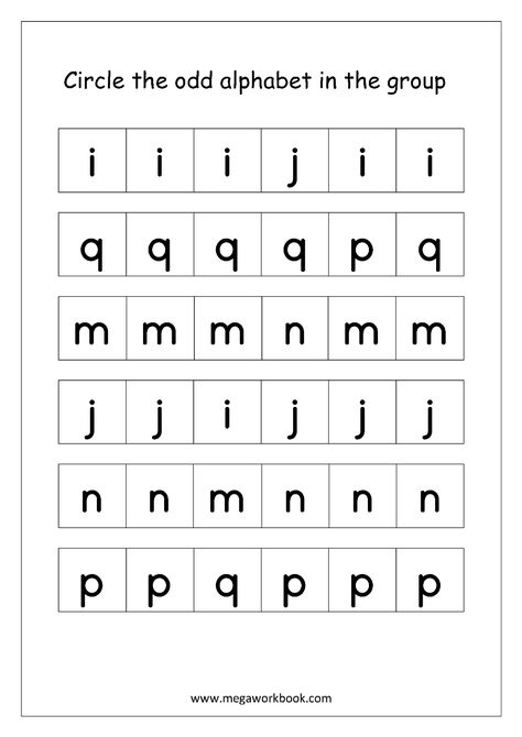 English Worksheet - Confusing Alphabets (Circle The Odd One Out) Jrkg Worksheet English, Find The Odd One Out Worksheet, Circle The Odd One Out Worksheet, Odd One Out Worksheet For Kids, Concentration Worksheets, Preprimary Activities, Maths Nursery, Iq Kids, Free English Worksheets