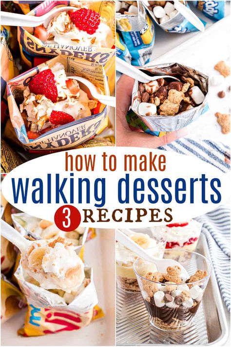 Need a great dessert for your next camping trip? These 3 walking dessert recipes are convenient, delicious and easy to make! Strawberry Pretzel Jello, Banana Pudding, and S'mores. With lots of substitutions available too! Lake Powell Food Ideas, Dessert Truck Ideas, Viral Recipes 2023, Summer Camp Snacks, Walking Desserts, Camping 2023, Strawberry Pretzel Jello, Dessert Truck, Food Truck Desserts