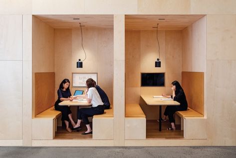 These small group booths are one of the variety of workspaces the new office offers. Image courtesy of Lochland Brookman. Mini Sala, Office Booth, Coworking Space Design, Building Office, Booth Seating, Office Space Design, Kiosk Design, Australian Architecture, Workplace Design