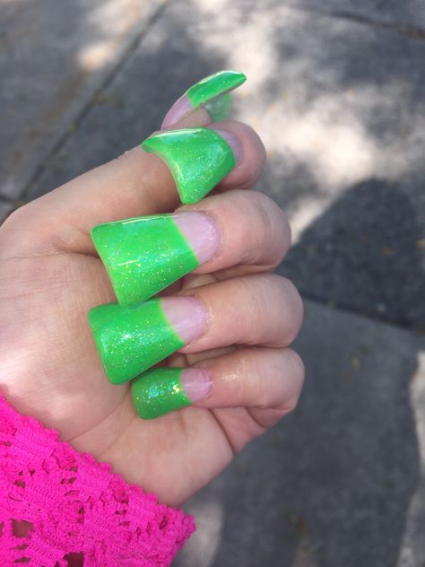 Duck Nails Green, Green Glittery Nails, Rainbow Duck Nails, Early 2000s Duck Nails, Cute Y2k Duck Nails, Duck Tip Nails, Duckies Nails Y2k, Junky Duck Nail, Flare Acrylic Nails