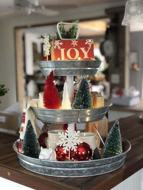 Getting my Christmas on! I’ve been decorating my tiered tray with each seasonal change. Here’s my Christmas decor! #christmas #homedecor #tieredtray Christmas Trays, Tiered Tray Decor Christmas, Christmas Wrapping Diy, Christmas App Icons Instagram, Rustic Cake Stands, Drywall Tape, Christmas Jello Shots, Christmas Crafts Diy Projects, Tray Decor Christmas