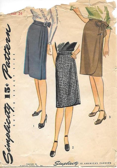 1940s Simplicity 1153 Misses Wrap Around Skirt Vintage Sewing Pattern Waist 24 WW2 Vintage Wrap Skirt, Costume Sewing Patterns, Skirt Knee Length, Womens Clothing Patterns, Wrap Around Skirt, Sewing Pattern Sizes, Straight Skirt, Blouse Vintage, Historical Fashion