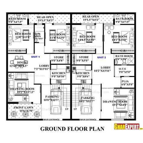 House Plan for 50 Feet by 65 Feet plot (Plot Size 361 Square Yards) - GharExpert.com 5bhk Duplex House Plan, 20x30 House Plans, Budget House Plans, 30x40 House Plans, Luxury Plan, Indian House Plans, Plans Architecture, Duplex House Plans, Home Design Floor Plans