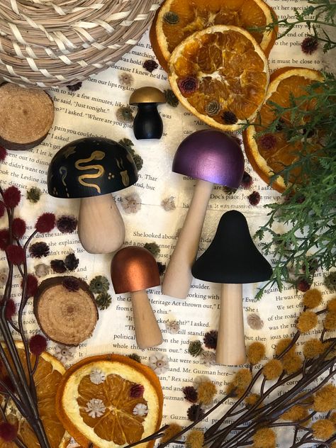 Drag those witchy vibes straight to your bookshelves.  Set of 5 mushrooms in various sizes. Two wooden discs included.  *Pleas note, these are hand painted with love and may arrive with slight variations in color or design. I always do my best to duplicate original art.* Painted Wooden Mushrooms Ideas, Witchy Arts And Crafts, Painting Wooden Mushrooms, Mushroom Things, Wooden Mushrooms, Hobbit Party, Diy Paint Projects, Mushroom Crafts, Diy Crafts Life Hacks