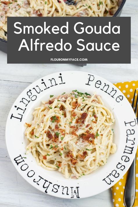 Delicious Smoked Gouda Alfredo Sauce served over pasta with bacon is a smokey twist on basic homemade Alfredo sauce. Alfredo Sauce With Milk, Best Alfredo Sauce Recipe, Gouda Recipe, Alfredo Fettuccine, Comforting Casseroles, Alfredo Sauce Recipe Homemade, Keto Sides, Smoked Gouda Cheese, Amazing Meals