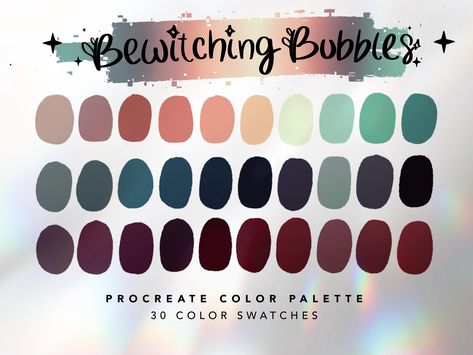 Bewitching Bubbles Color Palette For Procreate This color palette contains 30 color swatches to use in Procreate App. These colors were handpicked and were inspired by cute Halloween colors. ⭐️ || YOU WILL RECEIVE || ⭐️ 1 x Procreate Palette Instructions 1 x JPG file with all swatches 1 x Bewitching Bubbles Color Palette for Procreate || .swatches file ⭐️ || HOW TO USE || ⭐️ 1. You will receive an email after you complete checkout with a link to download the files. 2. You can also log into your Graveyard Color Palette, Halloween Color Pallet, Color Swatches Colour Palettes, Spooky Color Palette, Witchy Color Palette, Coloring Palette, Procreate Swatches, Procreate Palettes, Color Palette For Procreate