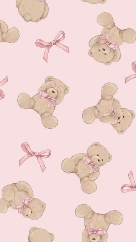 coquette aesthetic wallpaper: teddy bears with a bow Teddy Bear Wallpaper, Pink Bows, Bear Wallpaper, Teddy Bears, Pink Background, Bears, Light Pink, Teddy Bear, Iphone