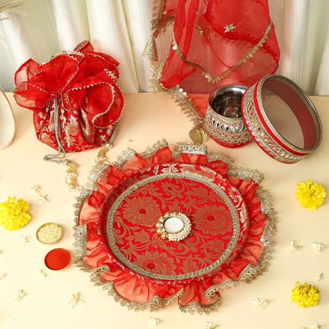 Let's celebrate this karwa chauth festival more attire and beautiful way let's grab our beautiful customised banarasi karwachauth thali set. Karwachauth thali set contains 1 decorated thali (12 inch) 1 thal cover (20 by 20) 1 chalni 1 lota 1 diya 1 potli with frill DM us for more details or WhatsApp us on 9867422790 Karwa Chauth Thali, Karwachauth Thali, Karwa Chauth Gift, Let's Celebrate, All Craft, Gift Hampers, Lets Celebrate, Favorite Things Gift, No Frills